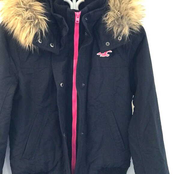 VTG Hollister winter bomber jacket hood faux fur navy/pink spell out Y2K 90's - Picture 4 of 8